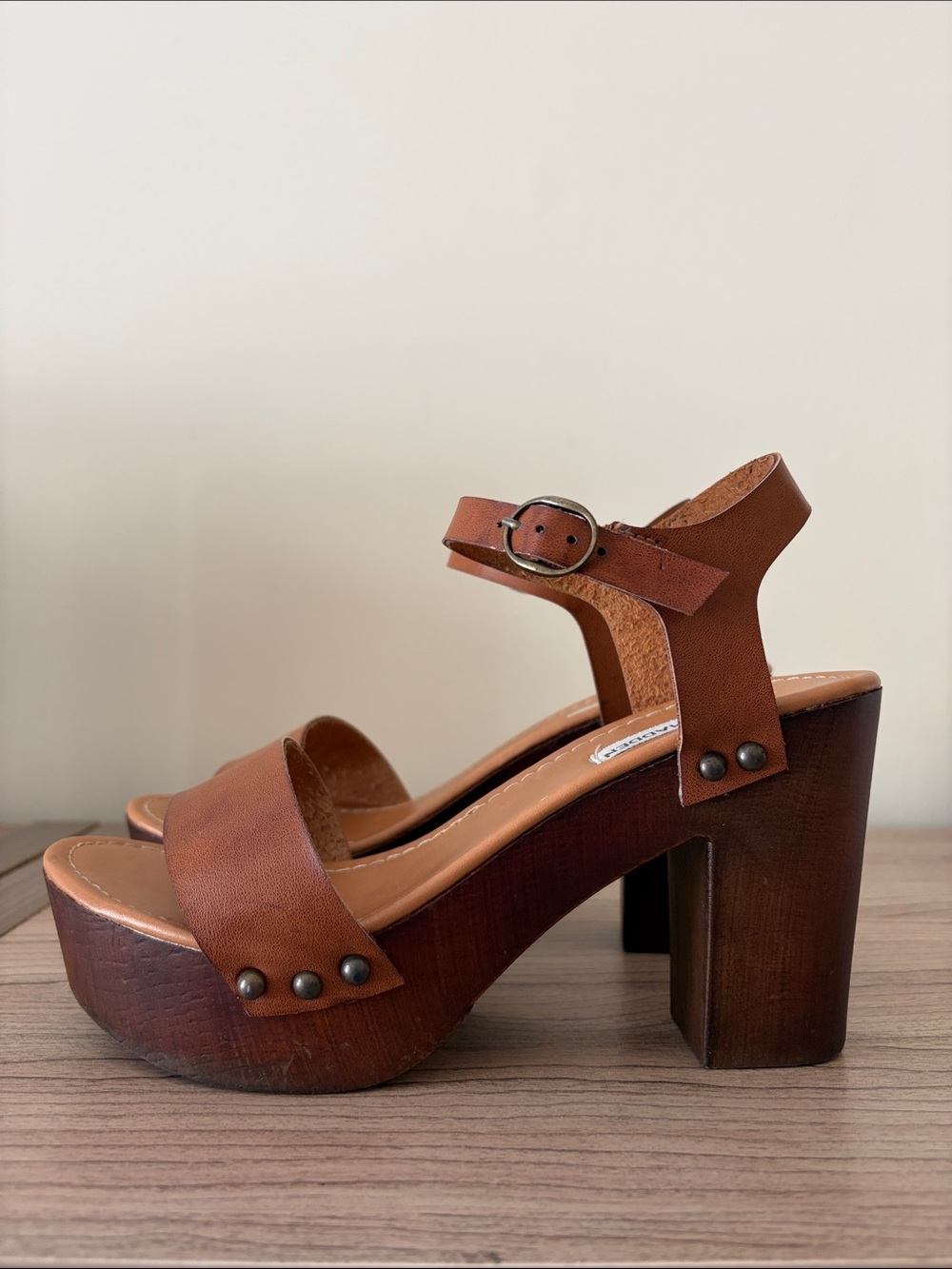 Steve Madden Brown Leather Platform Sandals with Ankle Strap - Lifted Cognac